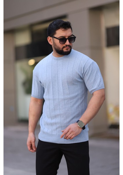 Bebe Mavisi Bisiklet Yaka Kabartma Triko Örme Kısa Kollu Tişört