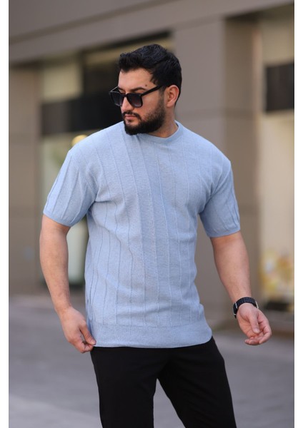 Bebe Mavisi Bisiklet Yaka Kabartma Triko Örme Kısa Kollu Tişört fiyatları