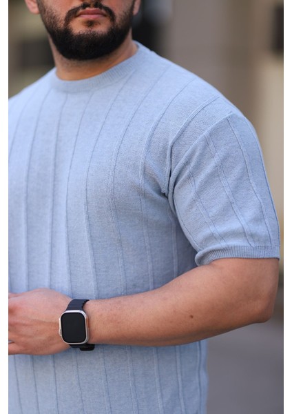 Bebe Mavisi Bisiklet Yaka Kabartma Triko Örme Kısa Kollu Tişört modelleri