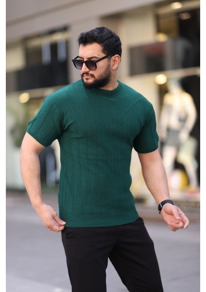 Yeşil Bisiklet Yaka Kabartma Triko Örme Kısa Kollu Tişört fiyatları