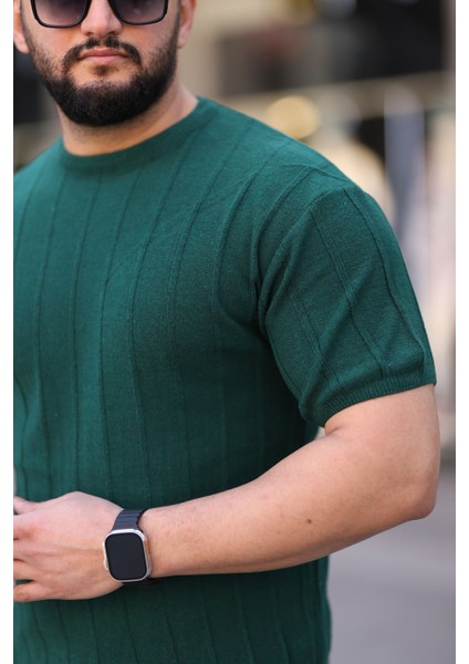 Yeşil Bisiklet Yaka Kabartma Triko Örme Kısa Kollu Tişört modelleri