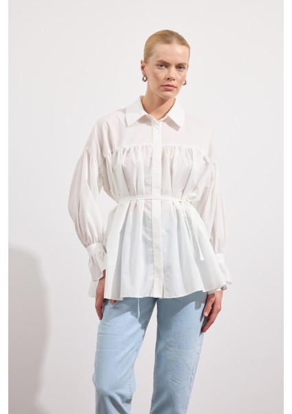Büzgülü Poplin Gömlek Beyaz