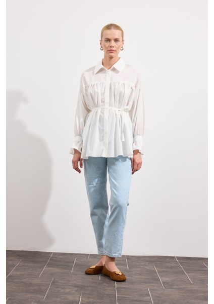 Büzgülü Poplin Gömlek Beyaz fırsatları