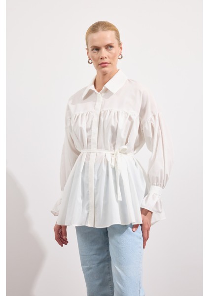 Büzgülü Poplin Gömlek Beyaz indirimleri