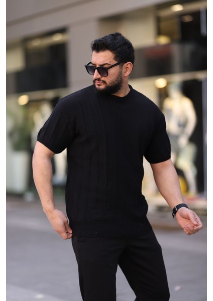 Siyah Bisiklet Yaka Kabartma Triko Örme Kısa Kollu Tişört fiyatları