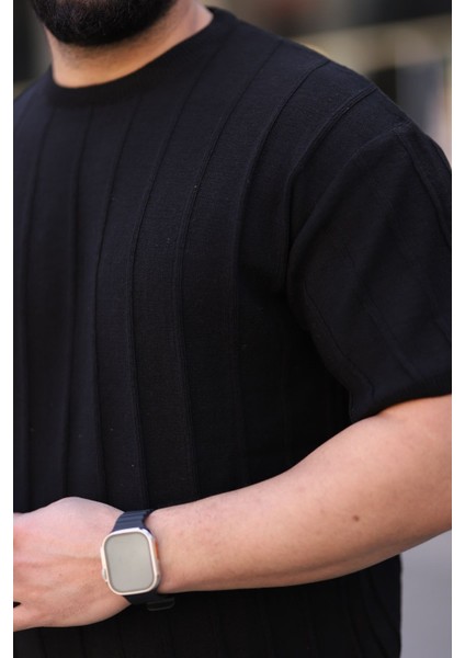 Siyah Bisiklet Yaka Kabartma Triko Örme Kısa Kollu Tişört modelleri