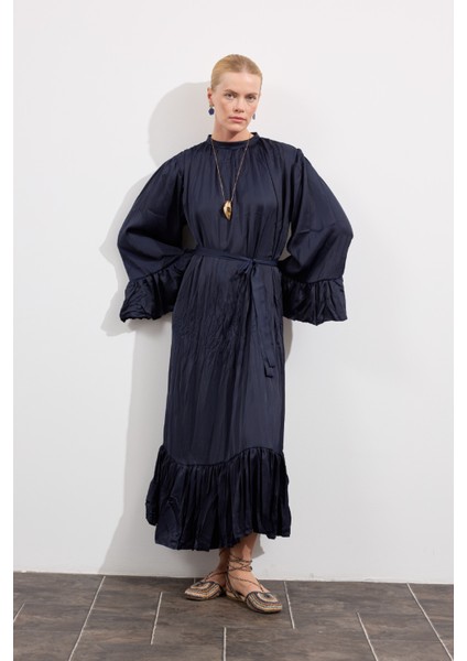 Velora Crush Saten Elbise Lacivert