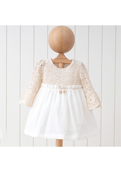 Mymio 3902 Boncuklu Naturel Kız Elbise Ekru