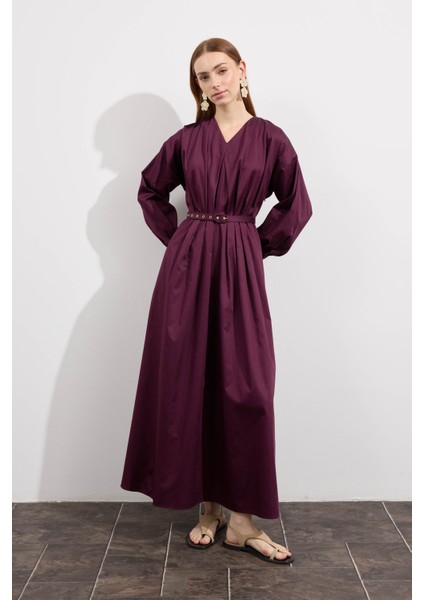 Pileli Kaplama Kemerli Elbise Burgonya fiyatları