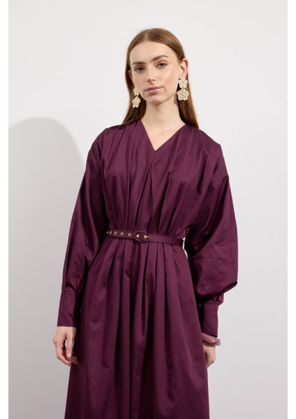 Pileli Kaplama Kemerli Elbise Burgonya modelleri