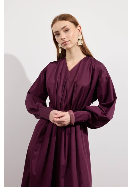 Pileli Kaplama Kemerli Elbise Burgonya indirimleri