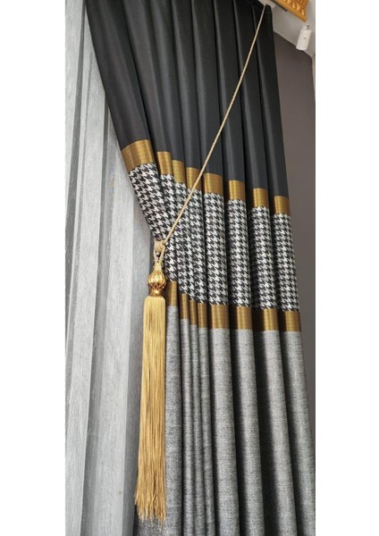 Pano Fon Perde Keten Saten Dokulu Siyah Gold Gri Kareli Çizgili Sık Pile ( Tek Kanat) fiyatları