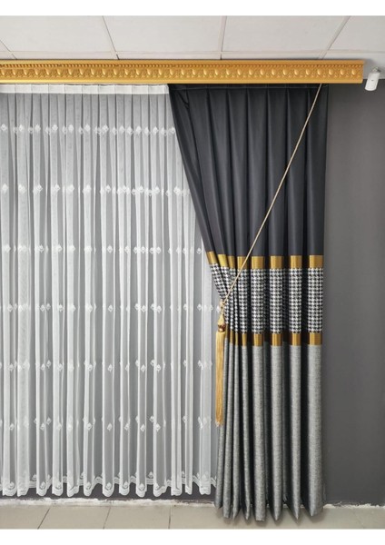 Pano Fon Perde Keten Saten Dokulu Siyah Gold Gri Kareli Çizgili Sık Pile ( Tek Kanat) fırsatları