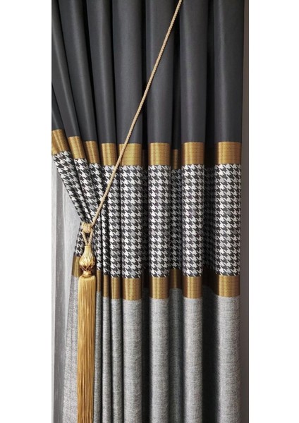 Pano Fon Perde Keten Saten Dokulu Siyah Gold Gri Kareli Çizgili Sık Pile ( Tek Kanat) indirimleri