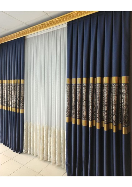 Pano Fon Perde Yeni Sezon Antik Desen Lacivert Gold Bakır Renk Sık Pile (Tek Kanat)