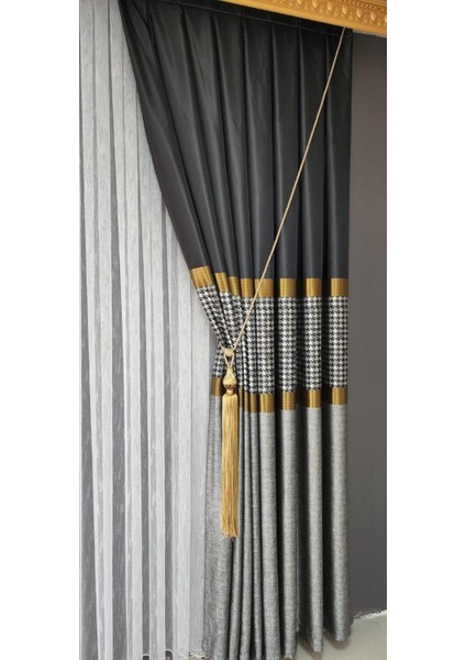 Pano Fon Perde Keten Saten Dokulu Siyah Gold Gri Kareli Çizgili Sık Pile ( Tek Kanat) modelleri