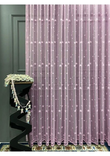 Çocuk Odası Tül Perdesi, Yıldız Desen Pembe Perde, Kız Çocuk odası perdesi