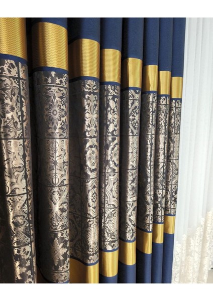 Pano Fon Perde Yeni Sezon Antik Desen Lacivert Gold Bakır Renk Sık Pile (Tek Kanat)