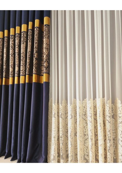 Pano Fon Perde Yeni Sezon Antik Desen Lacivert Gold Bakır Renk Sık Pile (Tek Kanat) modelleri