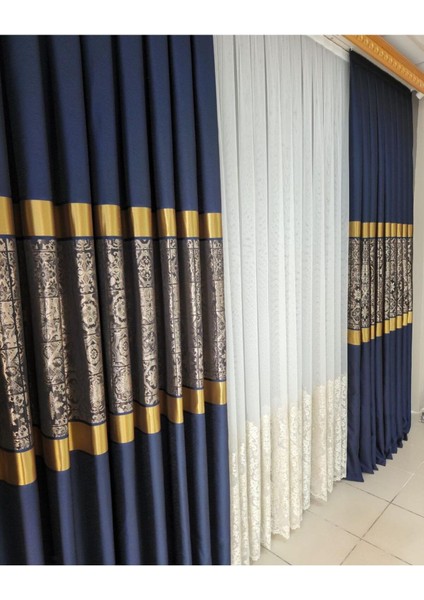 Pano Fon Perde Yeni Sezon Antik Desen Lacivert Gold Bakır Renk Sık Pile (Tek Kanat) fırsatları