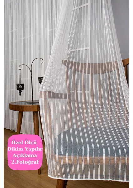 Gümüş Şeritli Işıltı Simli Çizgili Zincir Tül Perde Sık Pile