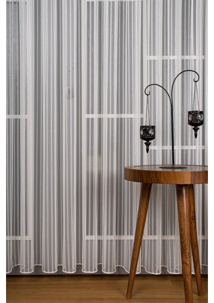 Gümüş Şeritli Işıltı Simli Çizgili Zincir Tül Perde Sık Pile