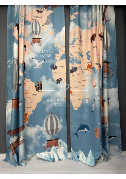 Dünya Haritası Çocuk Bebek Odası Fon Perdesi, Güneşliği (2kanat) Pilesiz