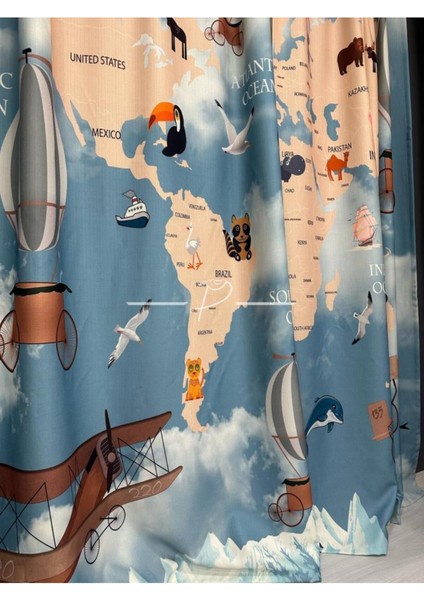 Dünya Haritası Çocuk Bebek Odası Fon Perdesi, Güneşliği (2kanat) Pilesiz fiyatları