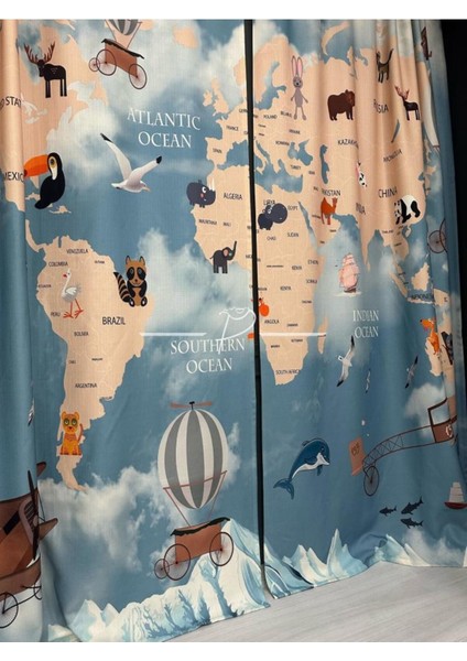 Dünya Haritası Çocuk Bebek Odası Fon Perdesi, Güneşliği (2kanat) Pilesiz modelleri