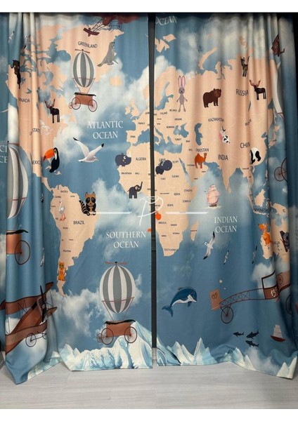 Dünya Haritası Çocuk Bebek Odası Fon Perdesi, Güneşliği (2kanat) Pilesiz fırsatları