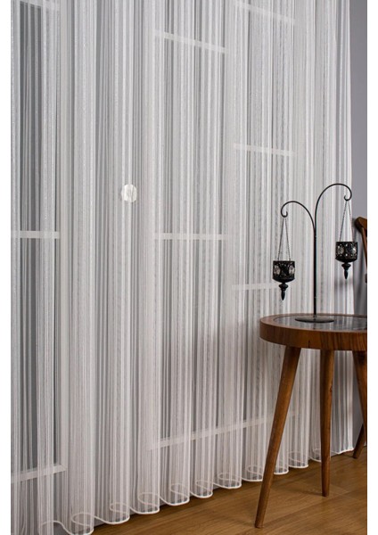 Gümüş Şeritli Işıltı Simli Çizgili Zincir Tül Perde Sık Pile
