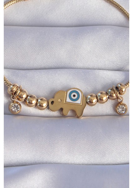 316L Çelik Gold Renk Zirkon Taşlı Nazarlı Fil Tasarımlı Bileklik fiyatları