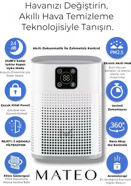 Akıllı Hava Temizleyici, 3 Katmanlı Filtre, Sessiz Mod, 45 m², Beyaz, 2 Yıl Garanti