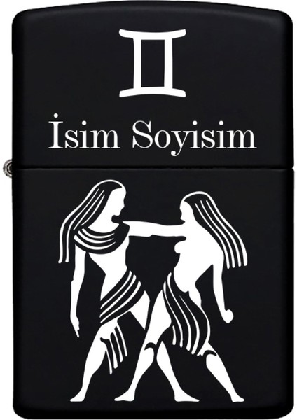 Ikizler Burcu Desenli Kişiye Özel Burç Isimli Benzinli Siyah Metal Çakmak