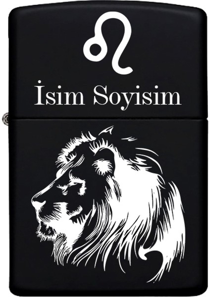 Aslan Burcu Desenli Kişiye Özel Burç Isimli Benzinli Siyah Metal Çakmak