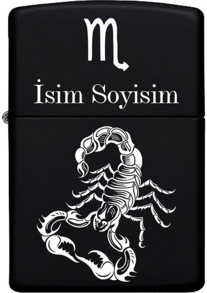 Akrep Burcu Desenli Kişiye Özel Burç Isimli Benzinli Siyah Metal Çakmak