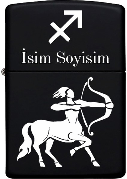 Yay Burcu Desenli Kişiye Özel Burç Isimli Benzinli Siyah Metal Çakmak