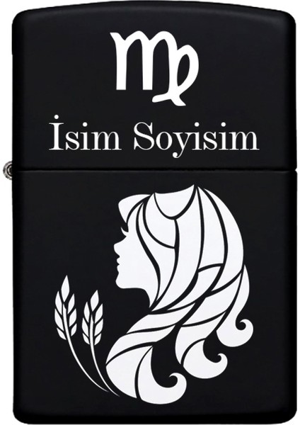 Başak Burcu Desenli Kişiye Özel Burç Isimli Benzinli Siyah Metal Çakmak