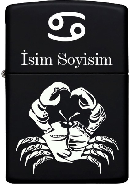 Yengeç Burcu Desenli Kişiye Özel Burç Isimli Benzinli Siyah Metal Çakmak