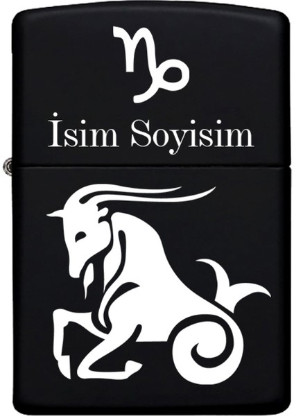 Oğlak Burcu Desenli Kişiye Özel Burç Isimli Benzinli Siyah Metal Çakmak