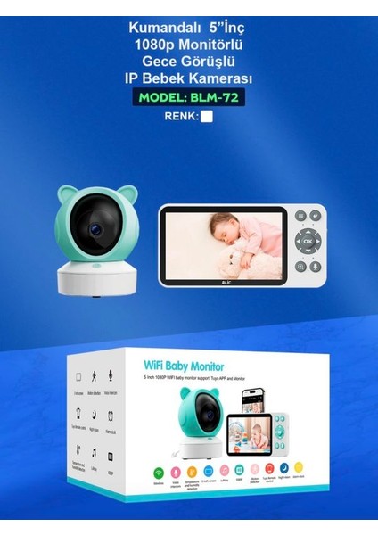 Wi- Fi Tuya App + Monitörlü 5'inç 1080P Gece Görüşlü Intercom Ip Bebek Kamerası