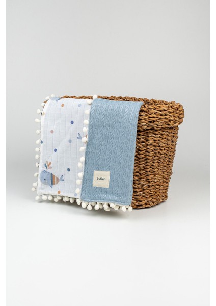 90 x 90 Ponponlu Desenli Çift Yönlü Müslin Bebek Örtüsü, Çok Amaçlı Örgü Müslin Örtü & Battaniye