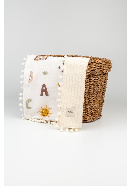 90 x 90 Ponponlu Desenli Çift Yönlü Müslin Bebek Örtüsü, Çok Amaçlı Örgü Müslin Örtü & Battaniye