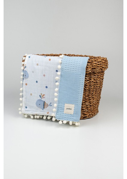 90 x 90 Ponponlu Desenli Çift Yönlü Müslin Bebek Örtüsü, Çok Amaçlı Waffle Müslin Örtü & Battaniye