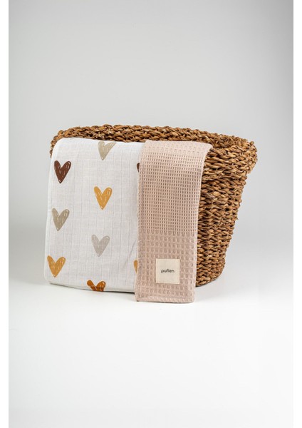 90X90 Kalp Desenli Çok Amaçlı Müslin Bebek Örtüsü, Waffle Bebek Örtü & Battaniye