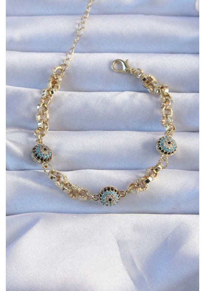 316L Çelik Zincir Vip Seri Altın Renk Zirkon Taşlı Nazarlı Bileklik