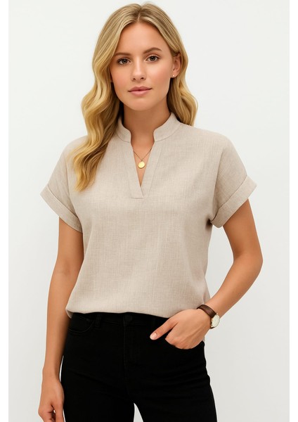 Kadın Kısa Kollu Hakim Yaka Sofya Bluz