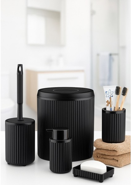 Lines Serisi Siyah Banyo Seti, 5 Parça Lüks Akrilik Çöp Kovası, Fırça, Sabunluk Banyo Aksesuar Seti 3375