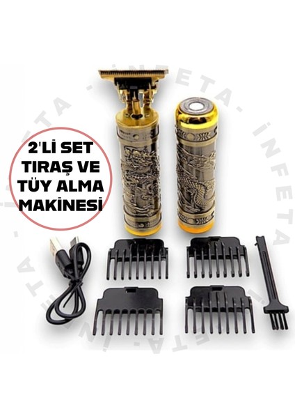 2'li Set Şarjlı Profosyonel Saç Sakal Tıraş Makinesi Ense Yanak Tüy Alma Makinesi