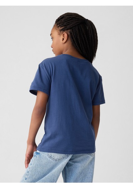 Kız Çocuk Koyu Mavi Grafikli T-Shirt